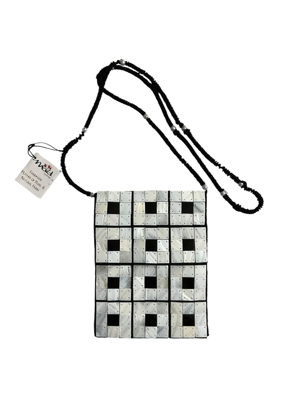 Handmade Mother of Pearl & Natural Horn Beaded Crossbody Bag Black White